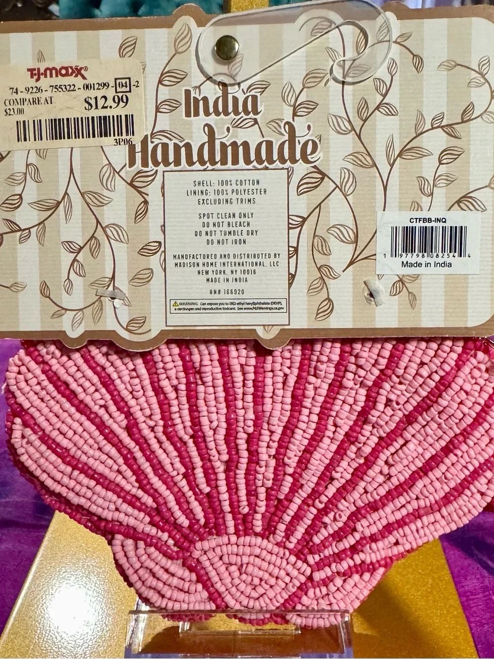 NWT Handcrafted in India Beaded Pink Seashell Pouch